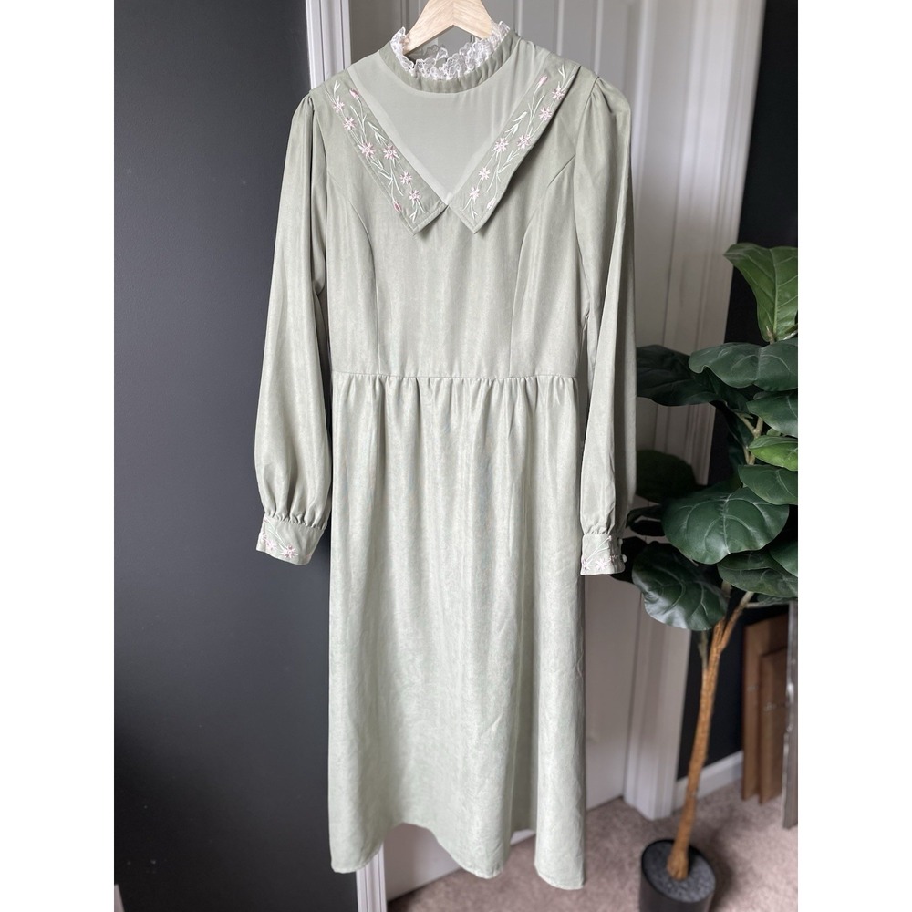 Noli Fashion Korean Cottagecore Dress *Sage Green Embroidered Lace AsianXL/ US M